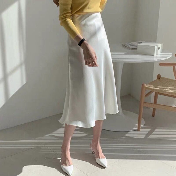 Sadie White Satin A-Line Midi Skirt