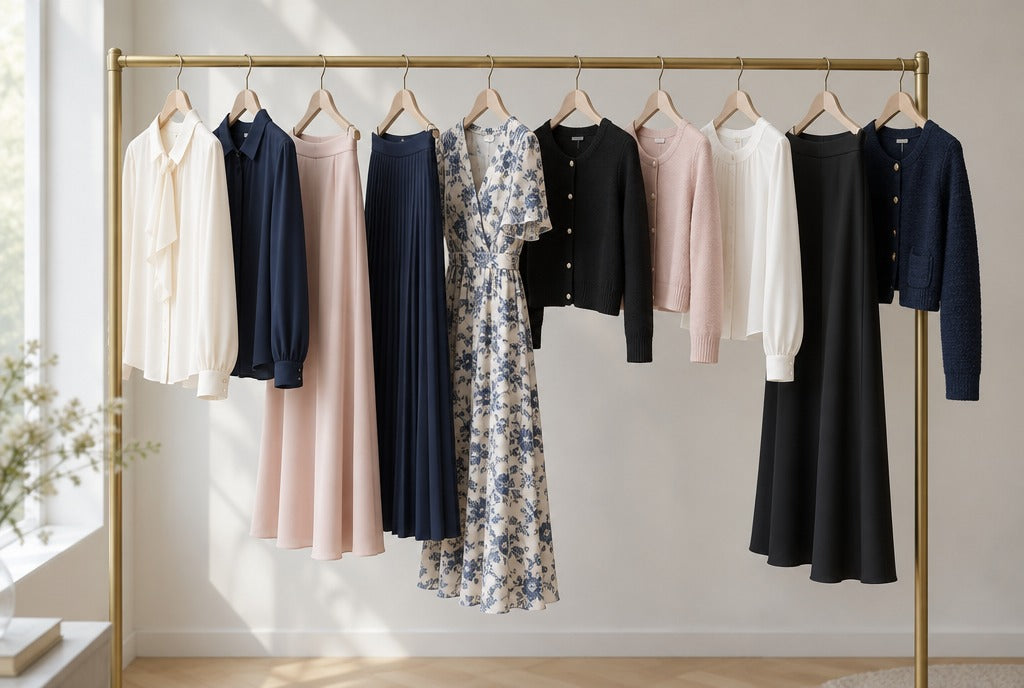 A minimal brass clothing rail holding ten pieces in ivory, navy, black and blush: blouses, midi skirts, a floral dress and cropped cardigans, soft daylight