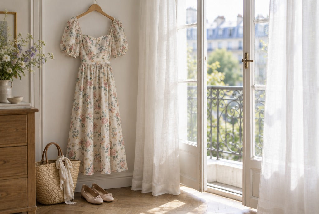 A soft floral tea-length midi dress on a hanger beside an open French window with sheer curtains, a straw bag and ballet flats below