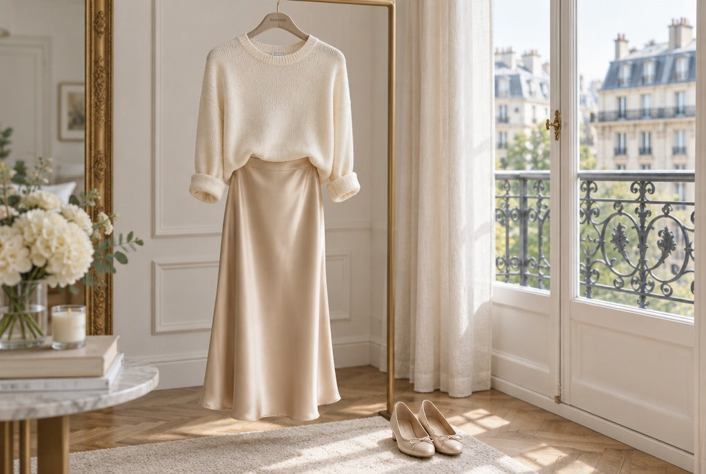 A champagne satin midi skirt with a cream knit sweater tucked in, styled on a velvet hanger beside ballet flats in a bright Parisian apartment