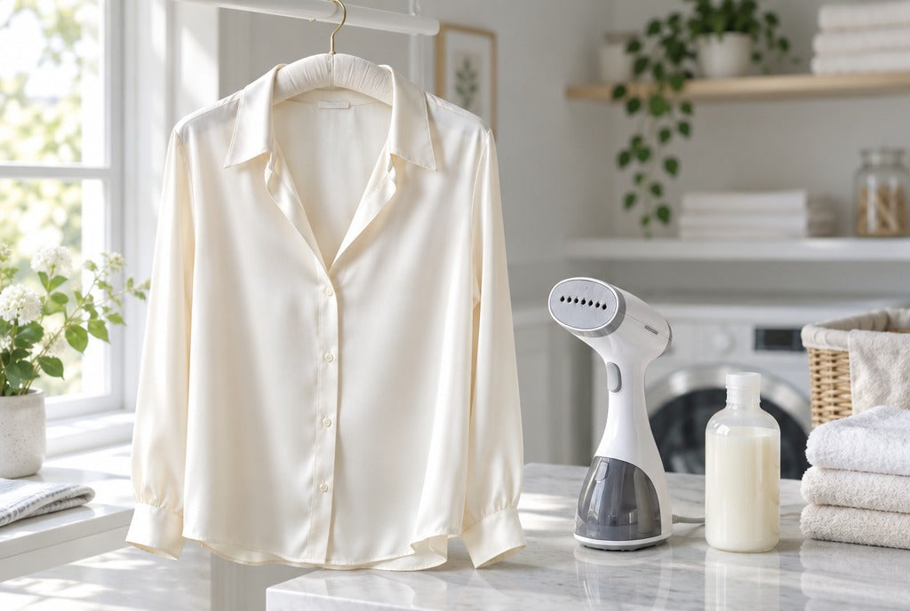 An ivory satin blouse on a padded hanger beside a handheld steamer and a small bottle of gentle detergent in a bright laundry room