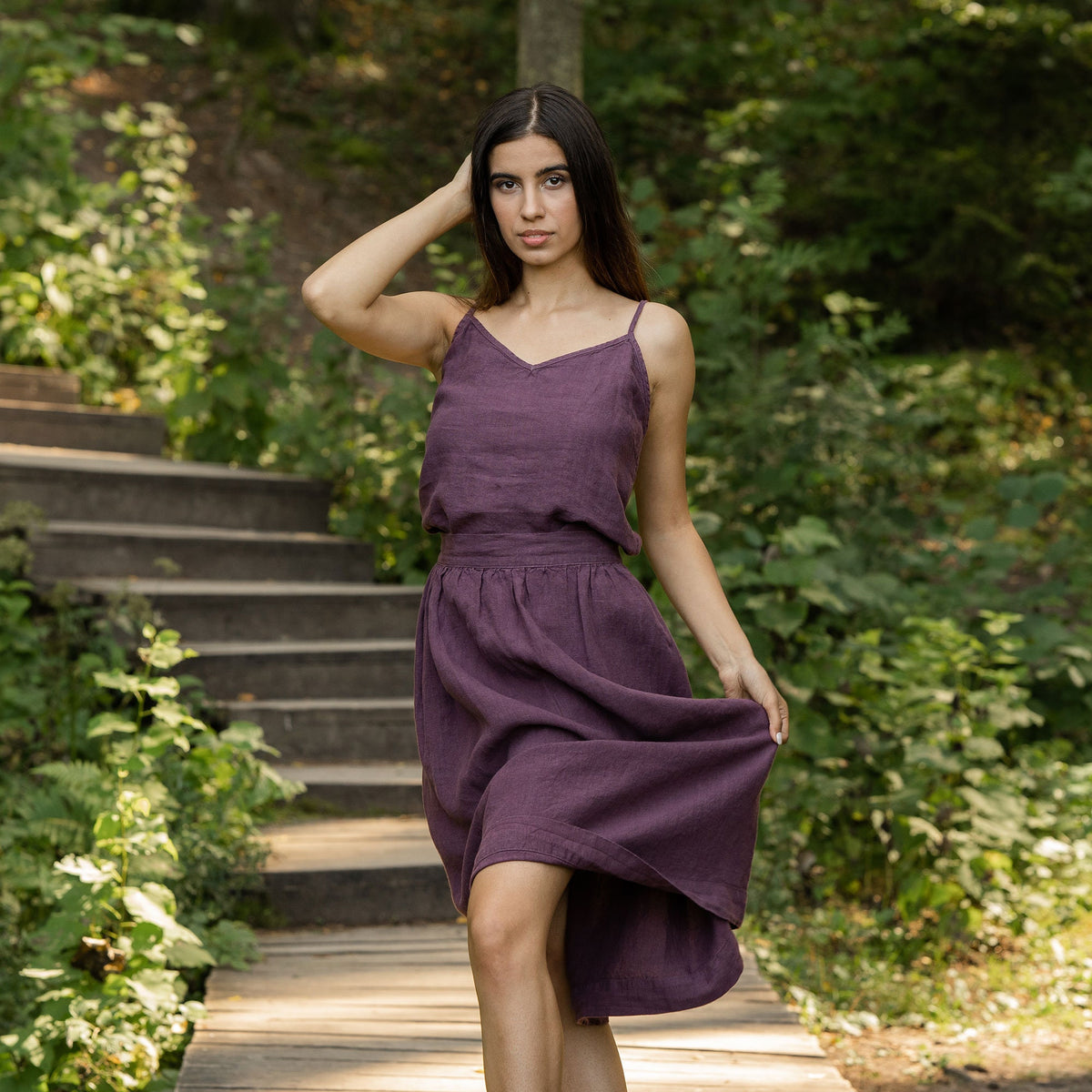 Quinn Purple Linen Pleated Midi Skirt — view 3