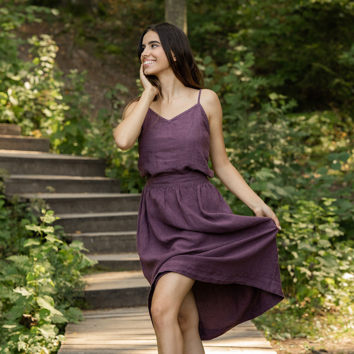 Quinn Purple Linen Pleated Midi Skirt — view 4
