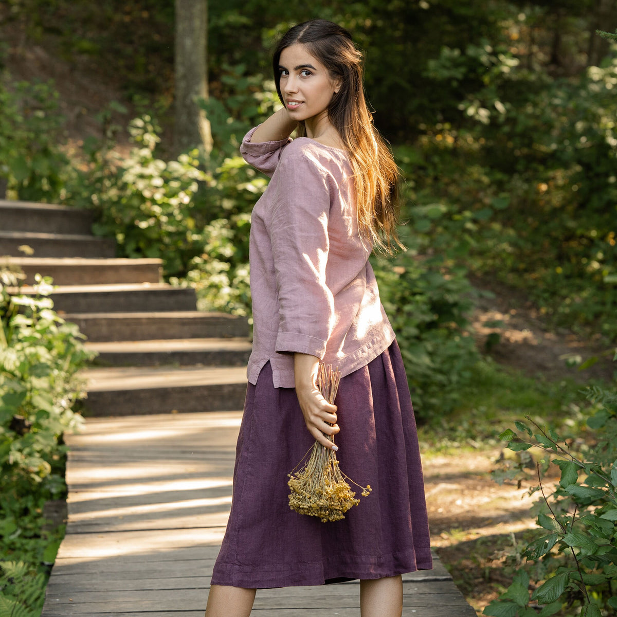 Quinn Purple Linen Pleated Midi Skirt — view 6