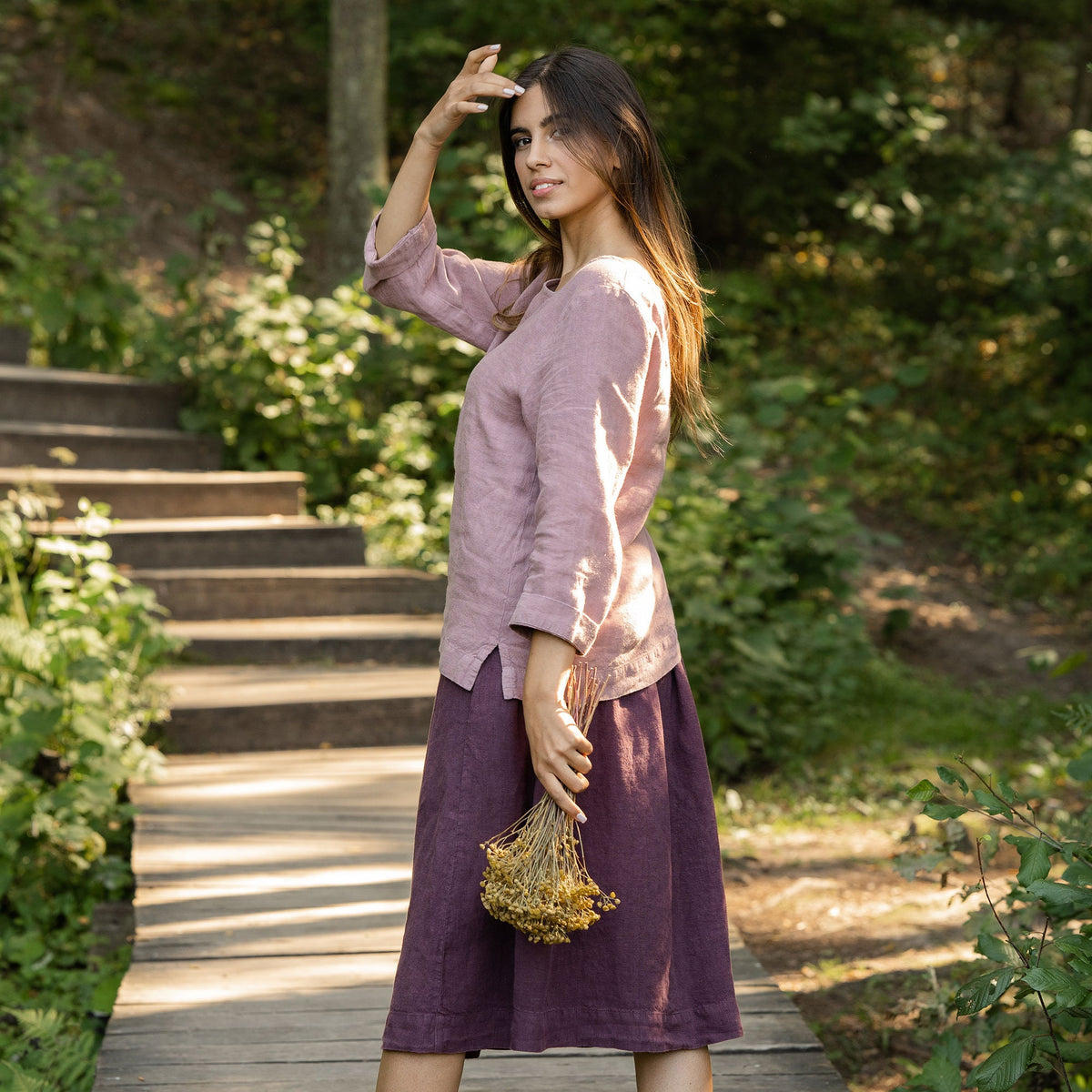 Quinn Purple Linen Pleated Midi Skirt — view 5