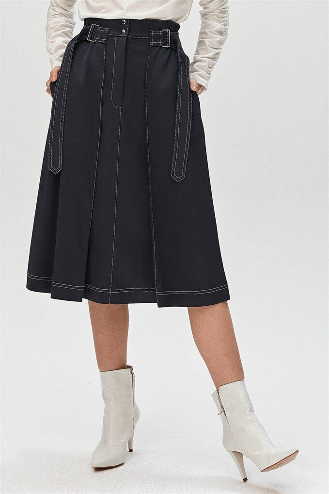 Vida Navy Pleated Midi Skirt — view 3