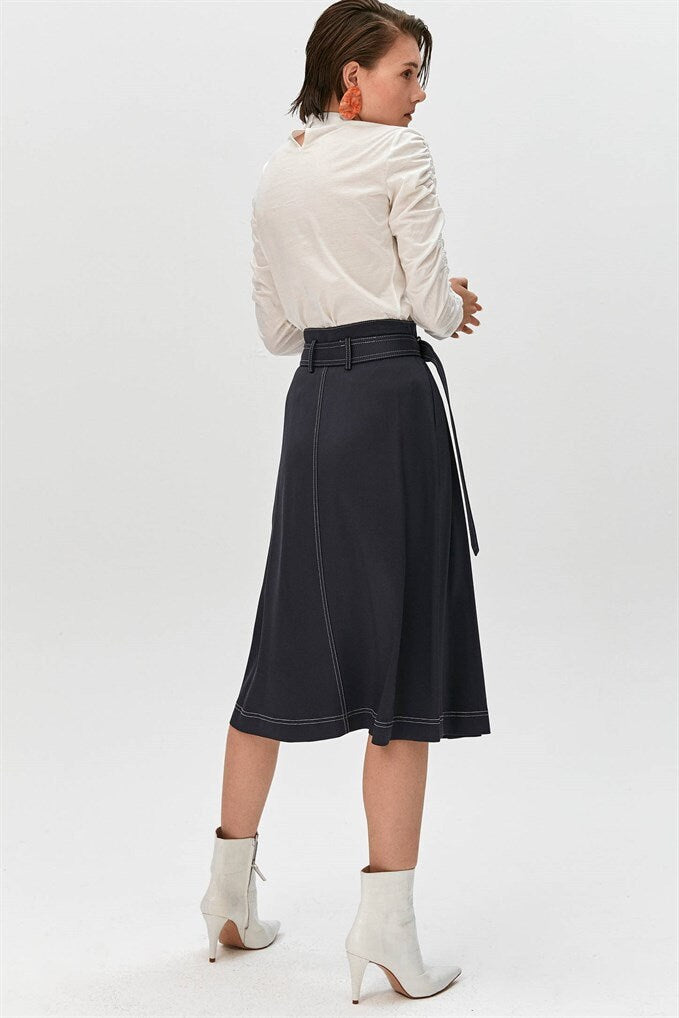 Vida Navy Pleated Midi Skirt — view 4