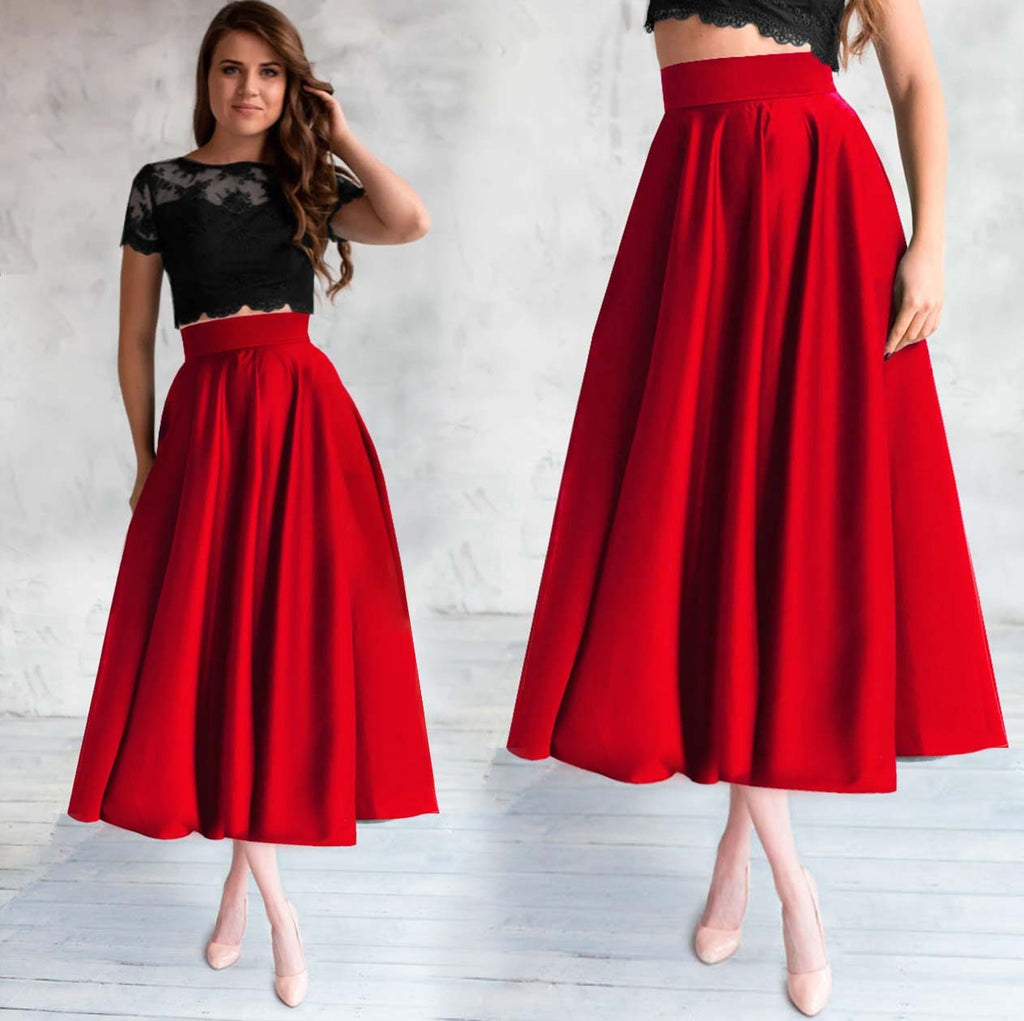 Lila Red Satin Midi Skirt — Paris Boutique