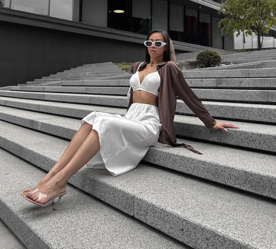 Flora White Satin Midi Skirt — view 2