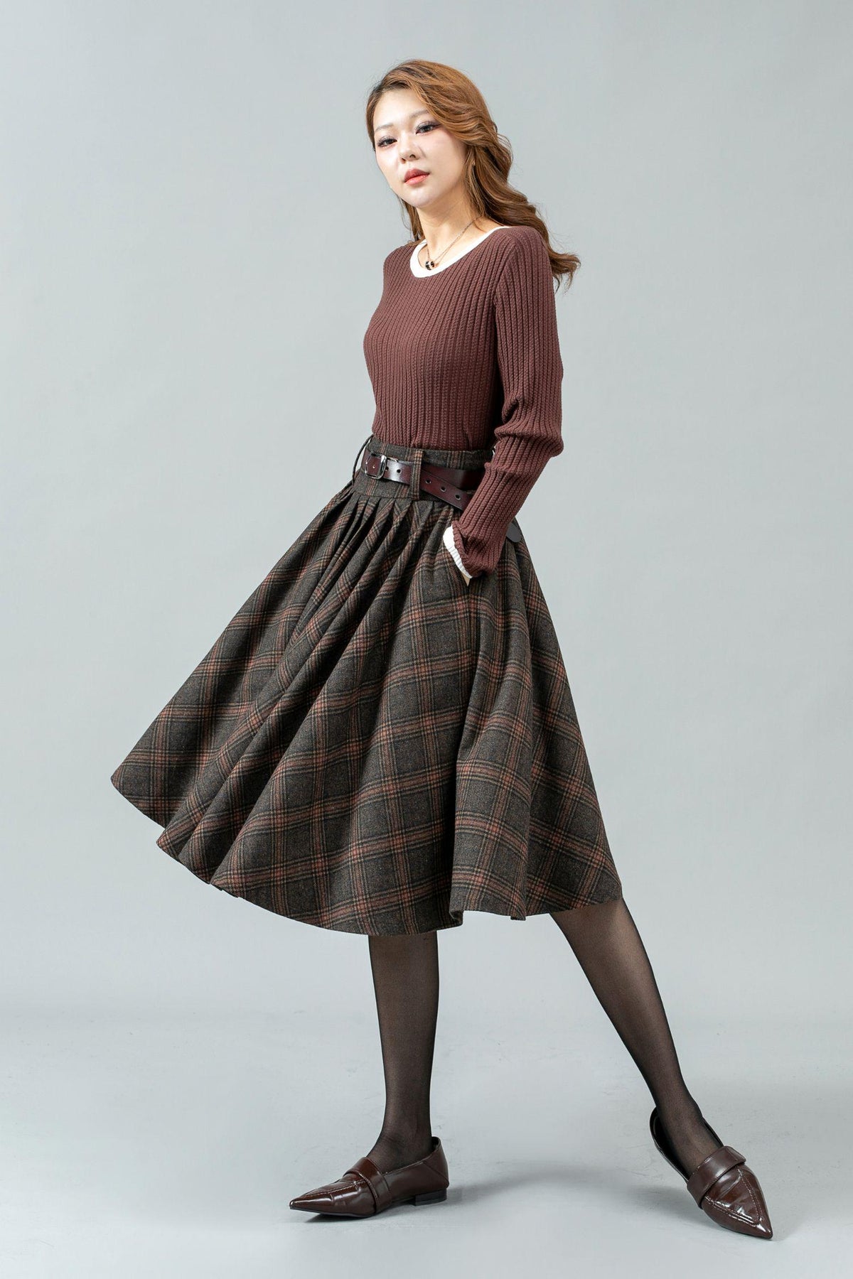 Una Plaid Wool Pleated Midi Skirt — view 6