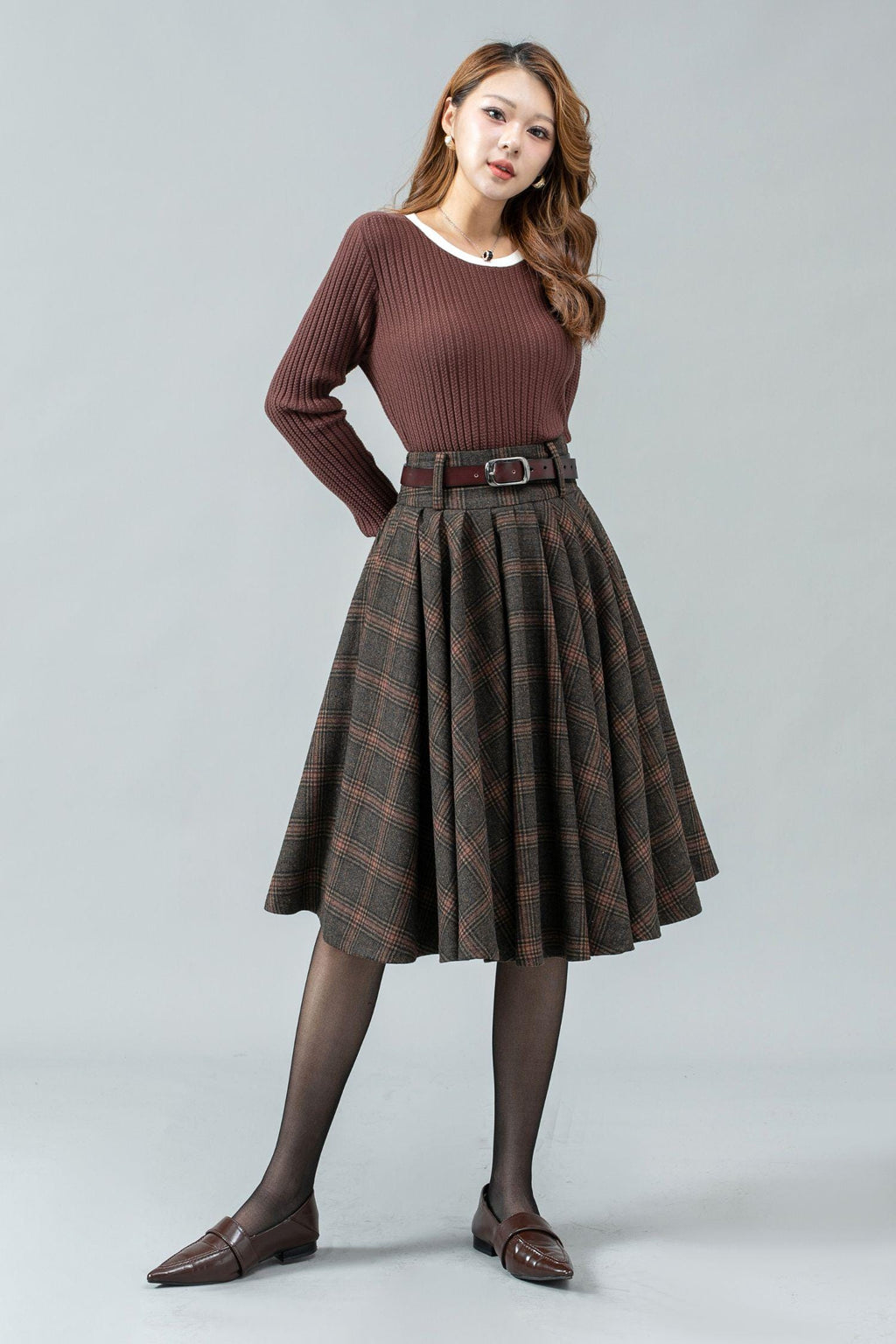 Una Plaid Wool Pleated Midi Skirt — view 2