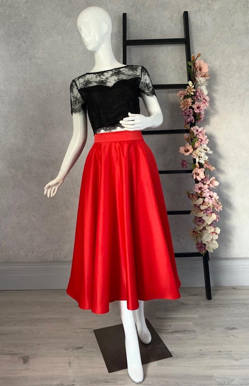 Lila Red Satin Midi Skirt — view 3