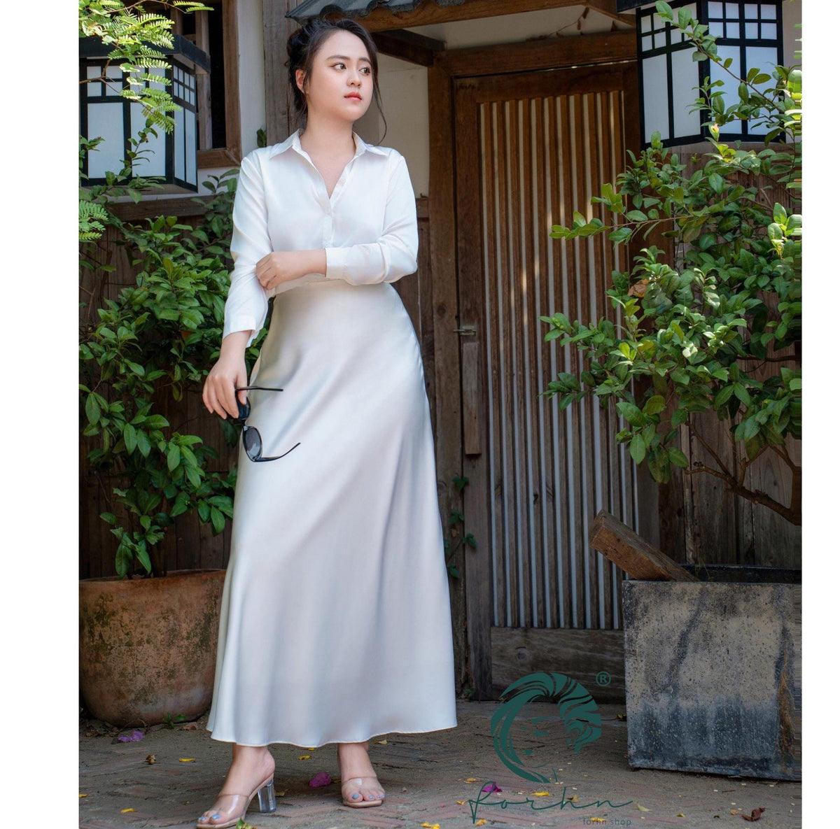 Stella White Satin Midi Skirt — view 2