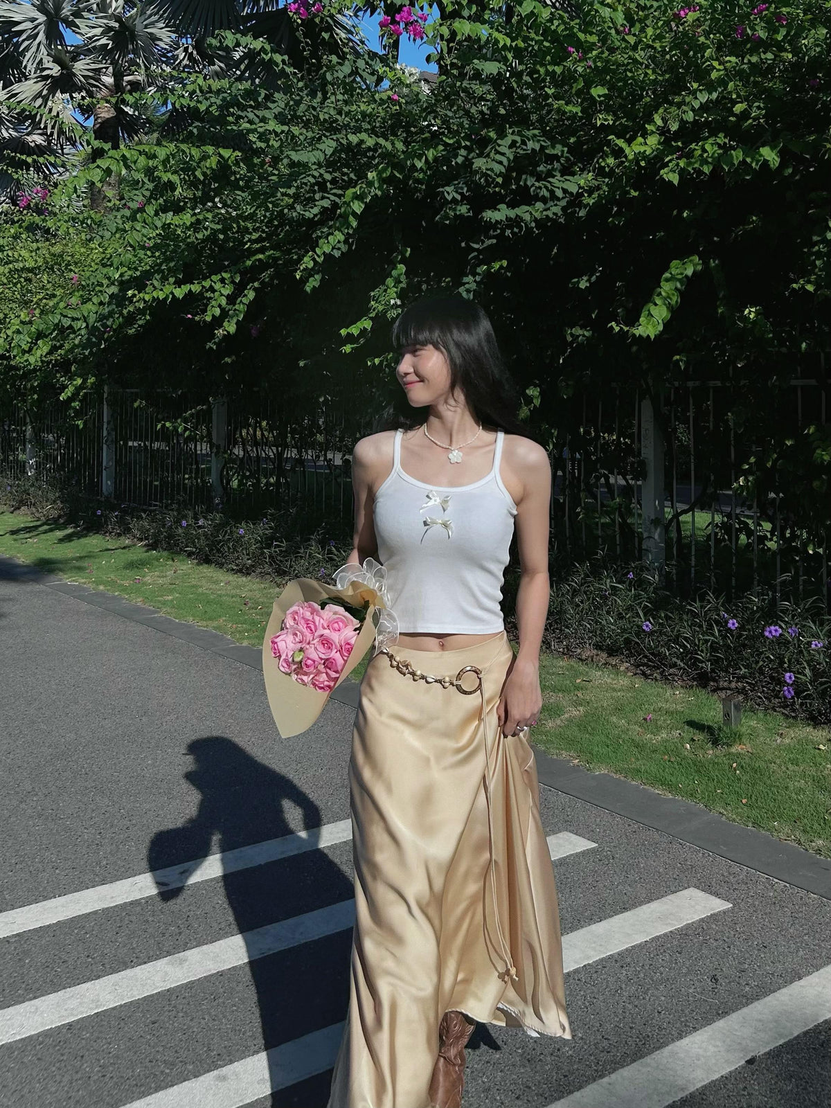 Stella White Satin Midi Skirt — view 4