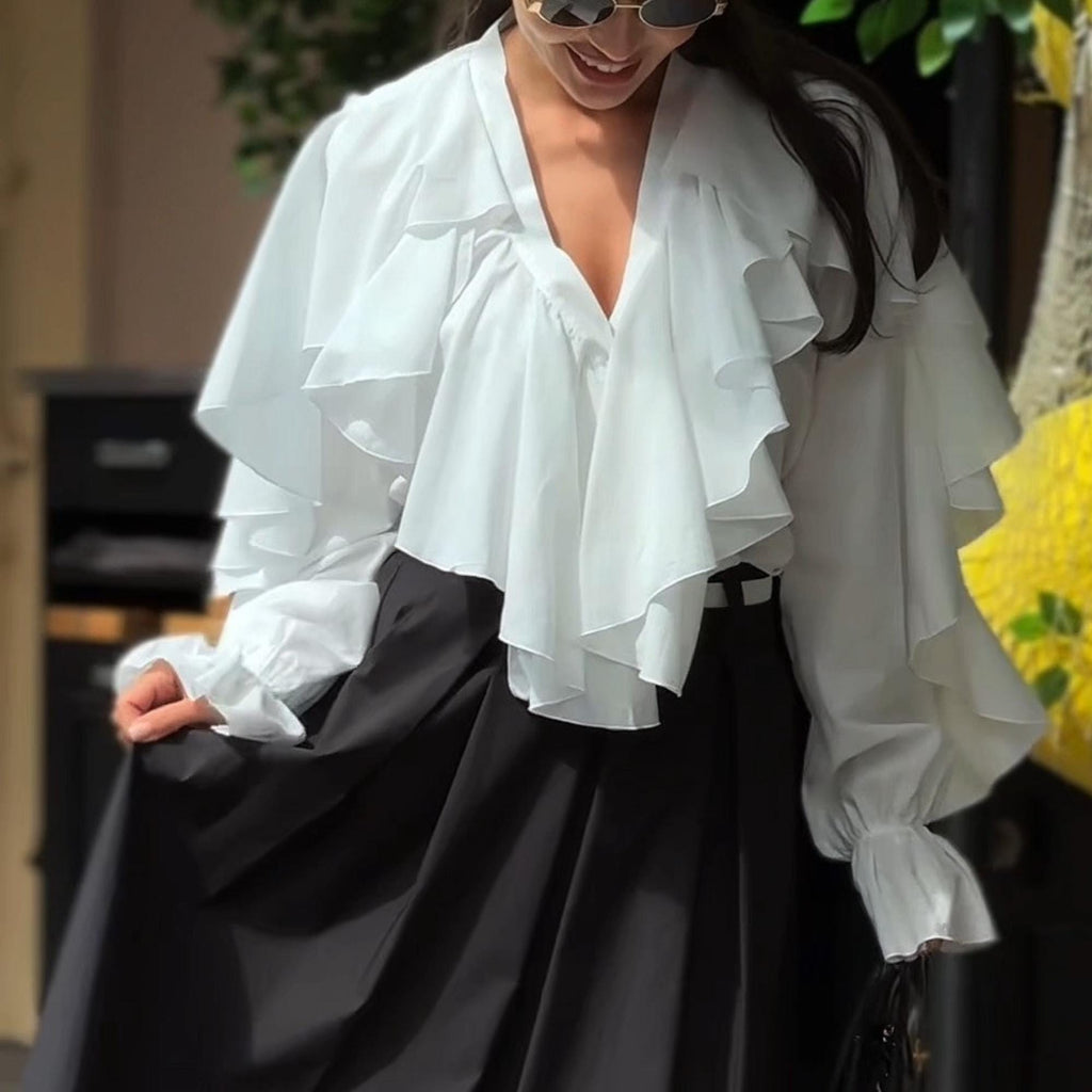Inez White Cotton Ruffle Blouse — Paris Boutique