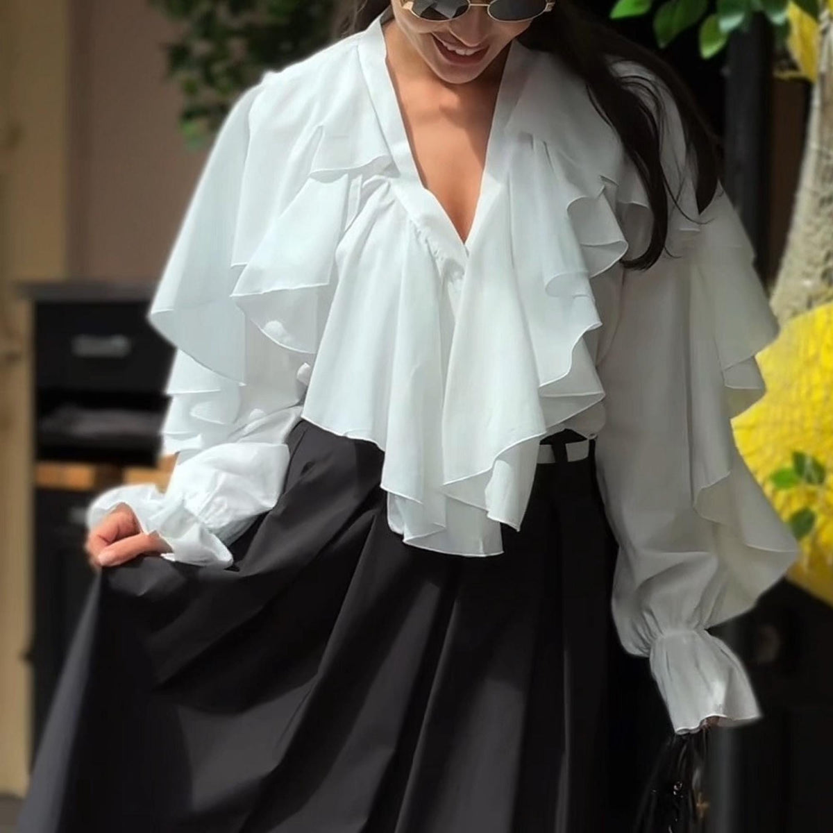 Inez White Cotton Ruffle Blouse — Paris Boutique
