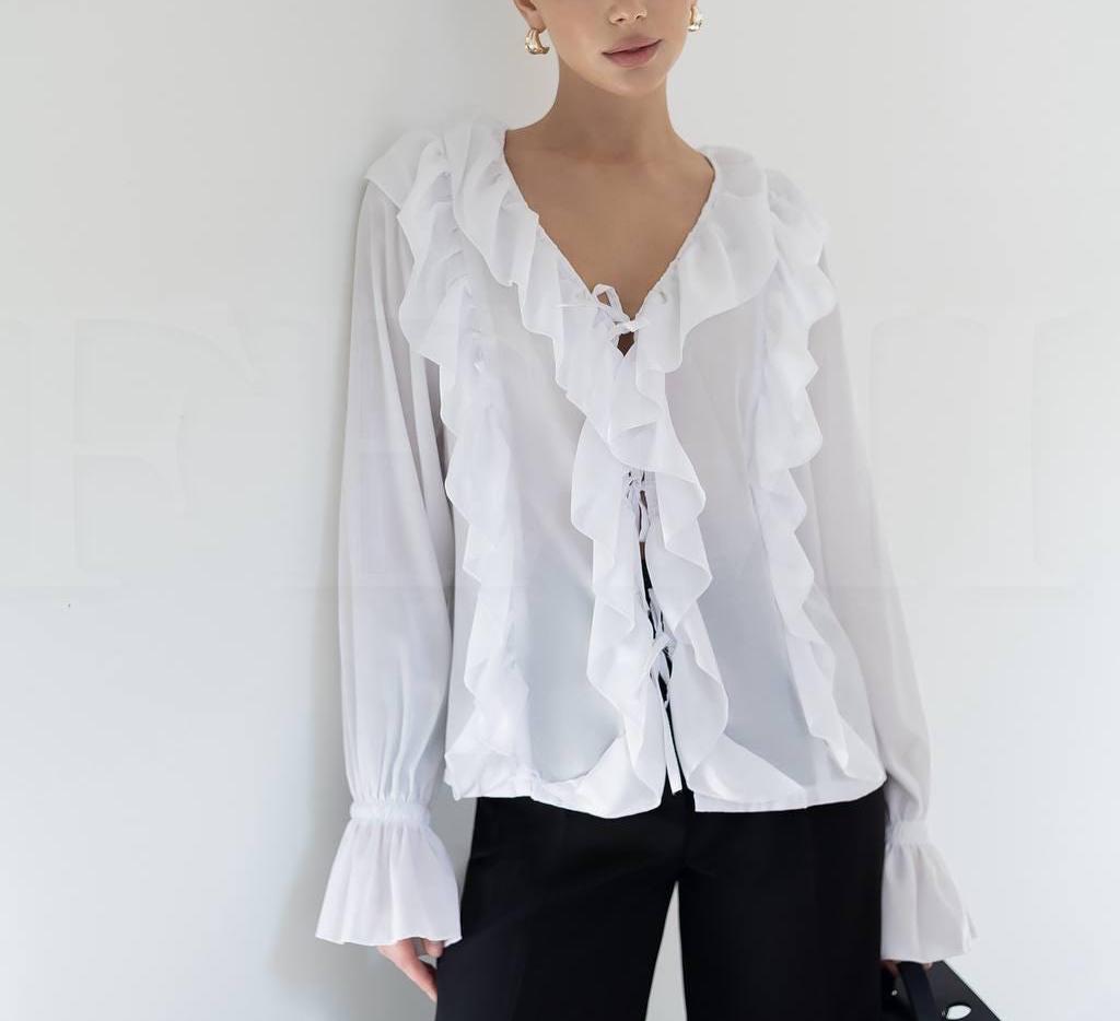Carmen White Ruffle Blouse — Paris Boutique