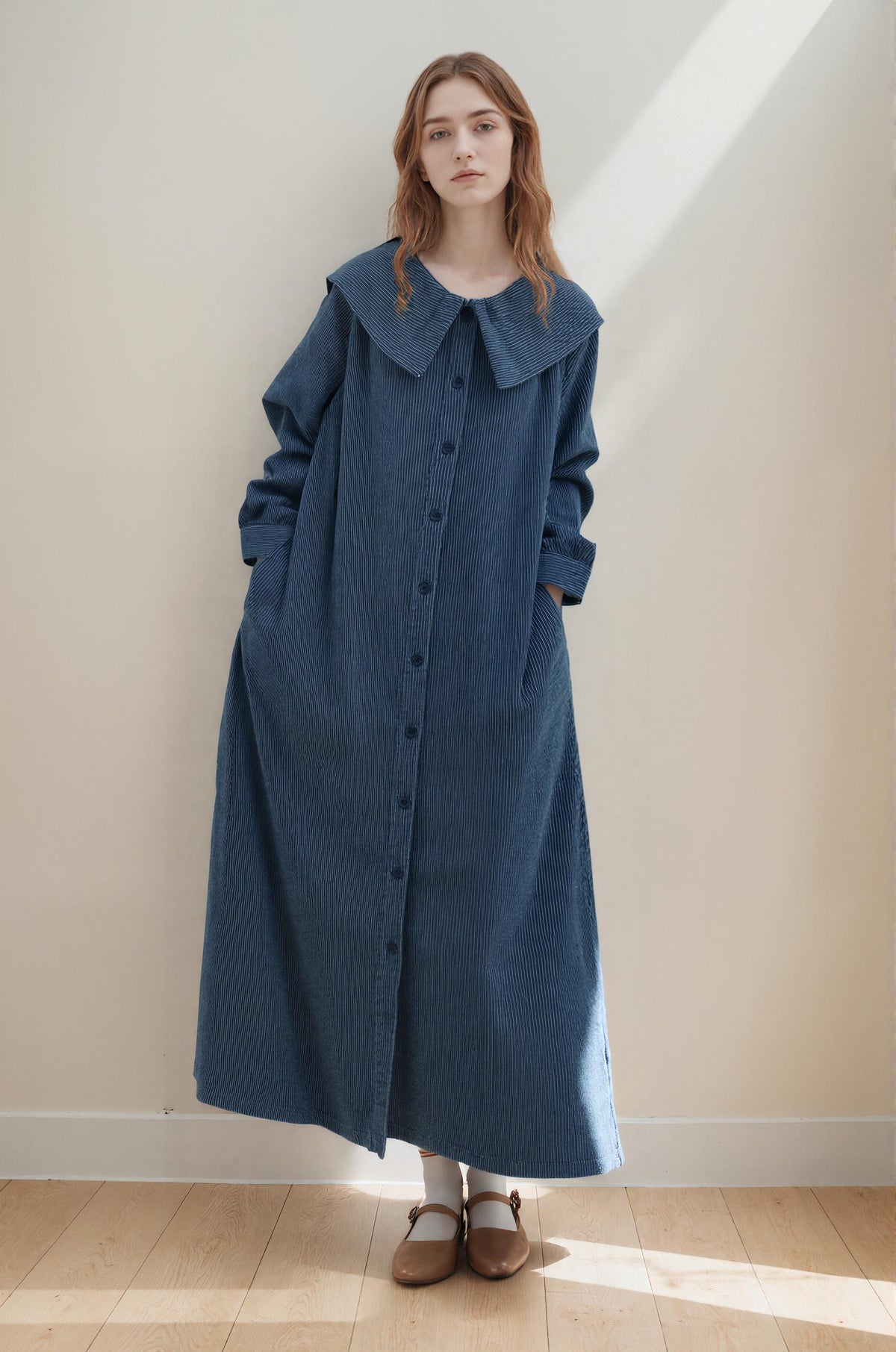 Maeve Navy Corduroy Midi Dress — view 2
