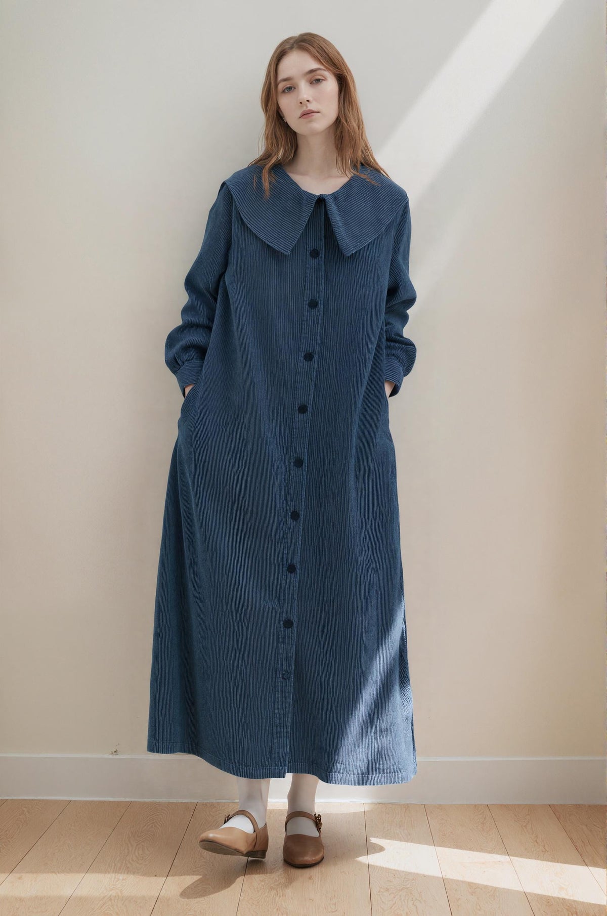 Maeve Navy Corduroy Midi Dress — view 4
