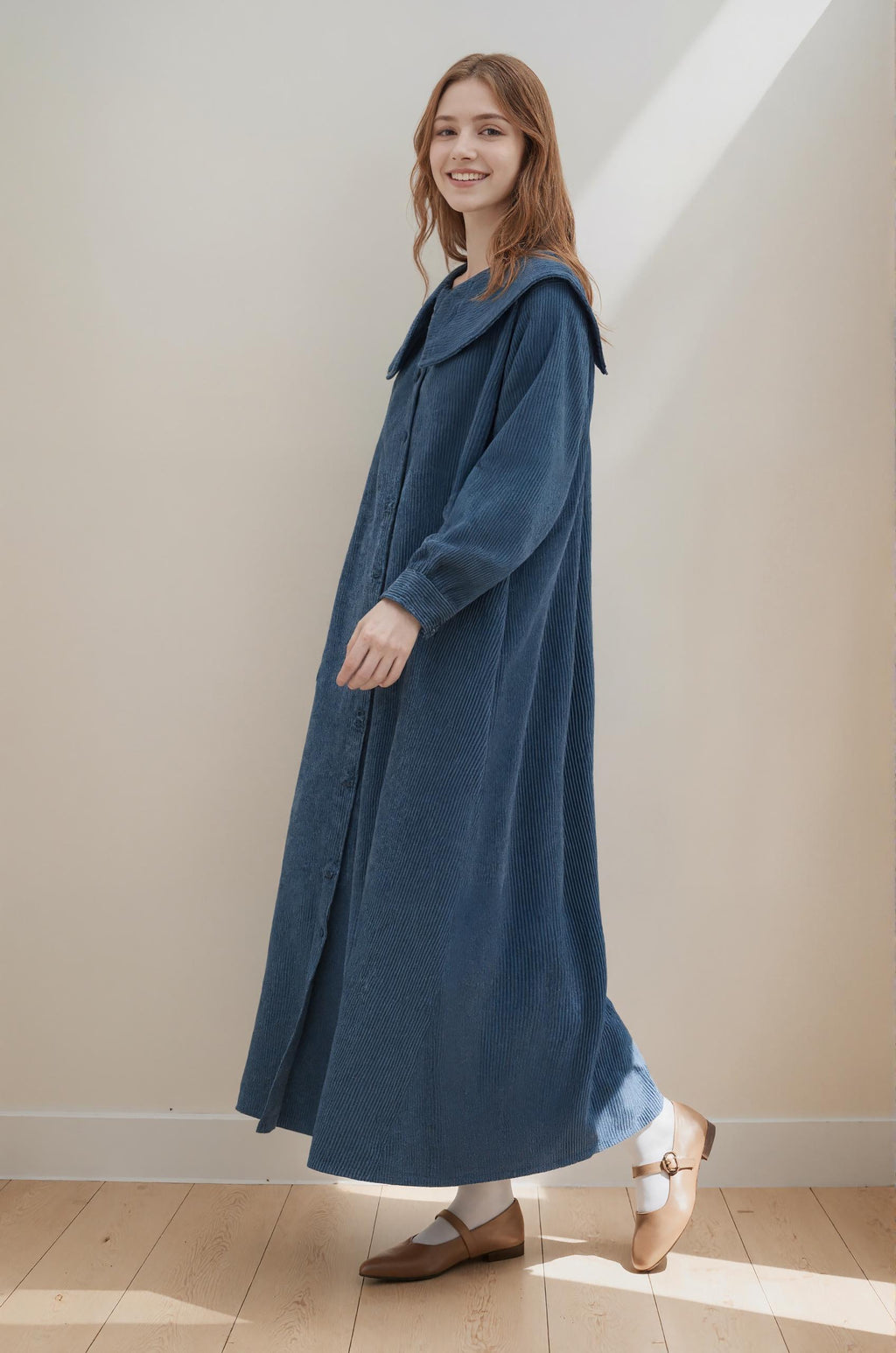 Maeve Navy Corduroy Midi Dress — view 5