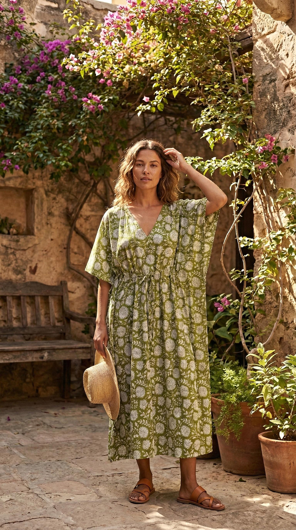 Rosa Floral Cotton Kaftan Midi Dress — Paris Boutique