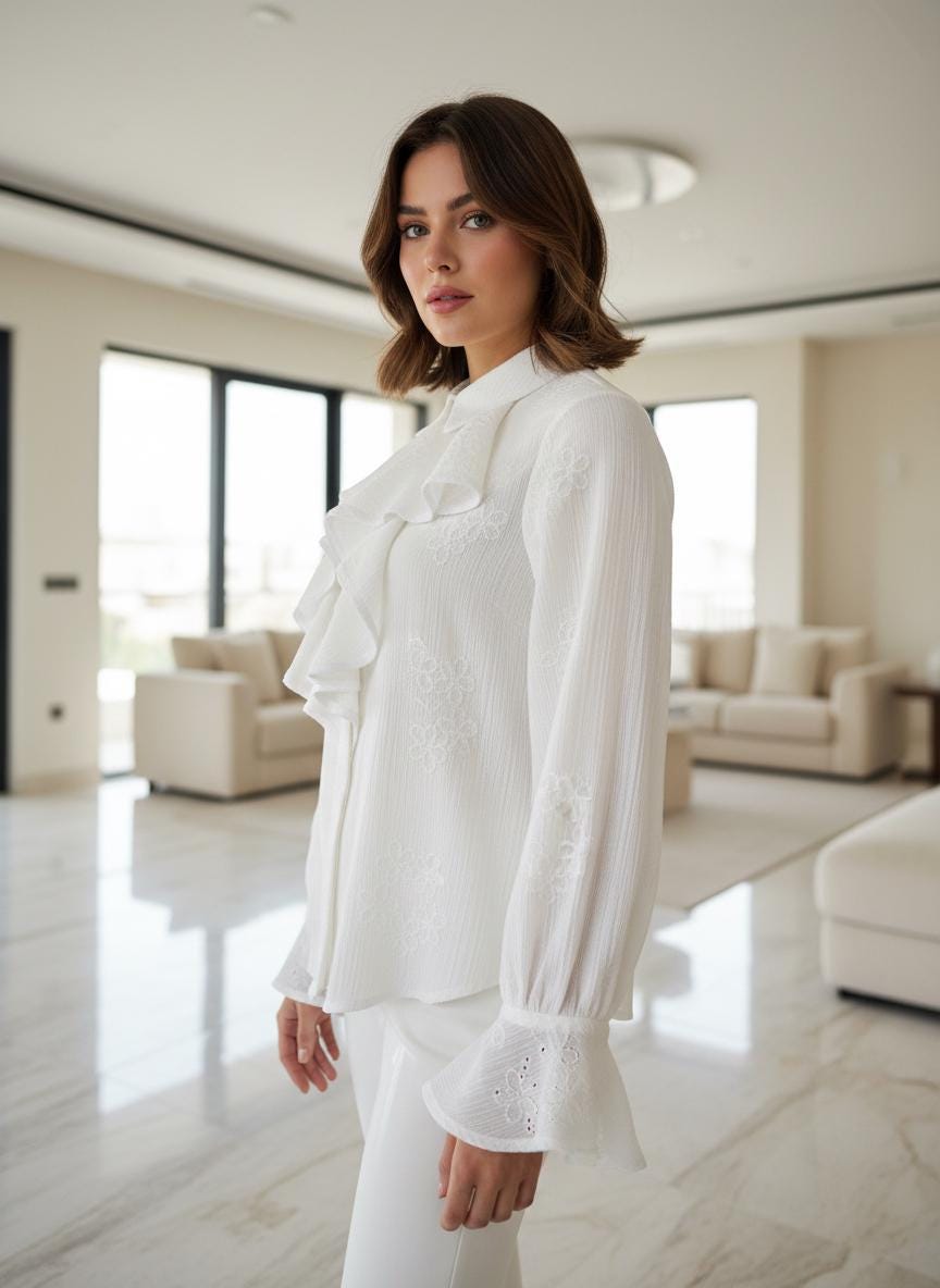 Ines White Cotton Ruffle Blouse — view 6