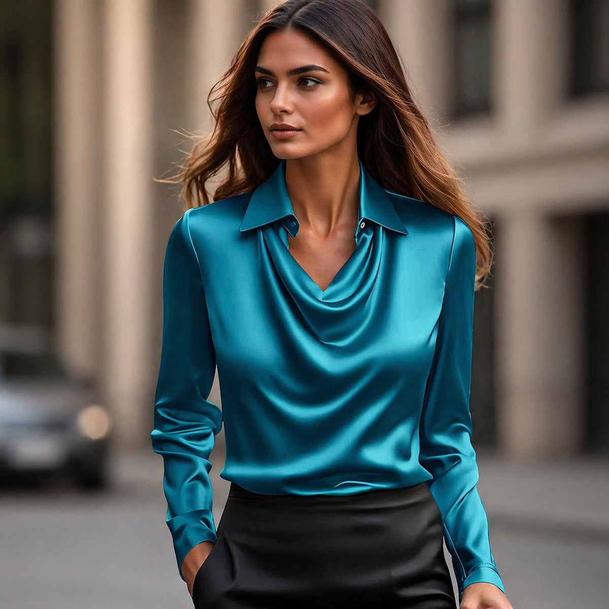 Ingrid Beige Satin Cowl Neck Blouse — view 6