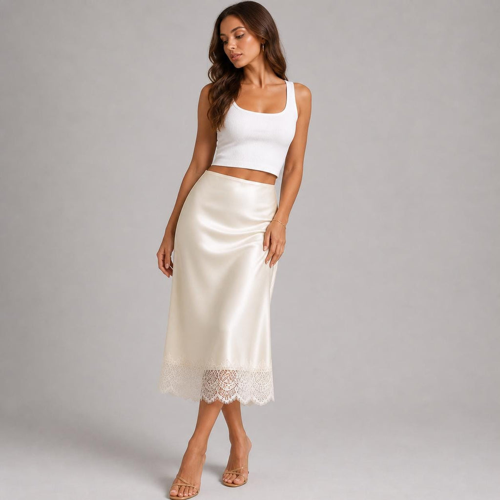 June Ivory Satin A-Line Midi Skirt — view 2