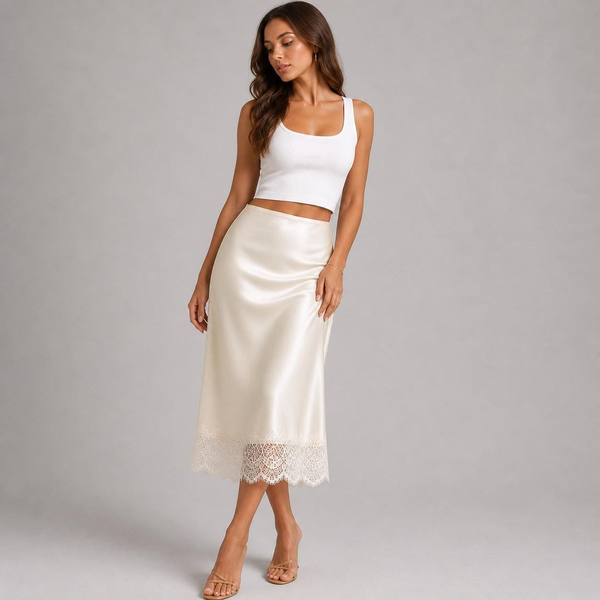 June Ivory Satin A-Line Midi Skirt — view 2
