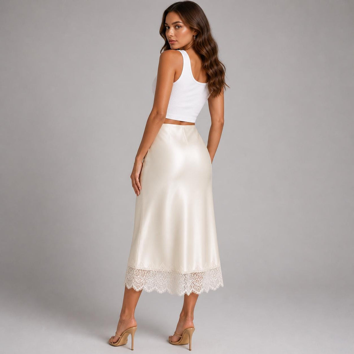 June Ivory Satin A-Line Midi Skirt — view 3