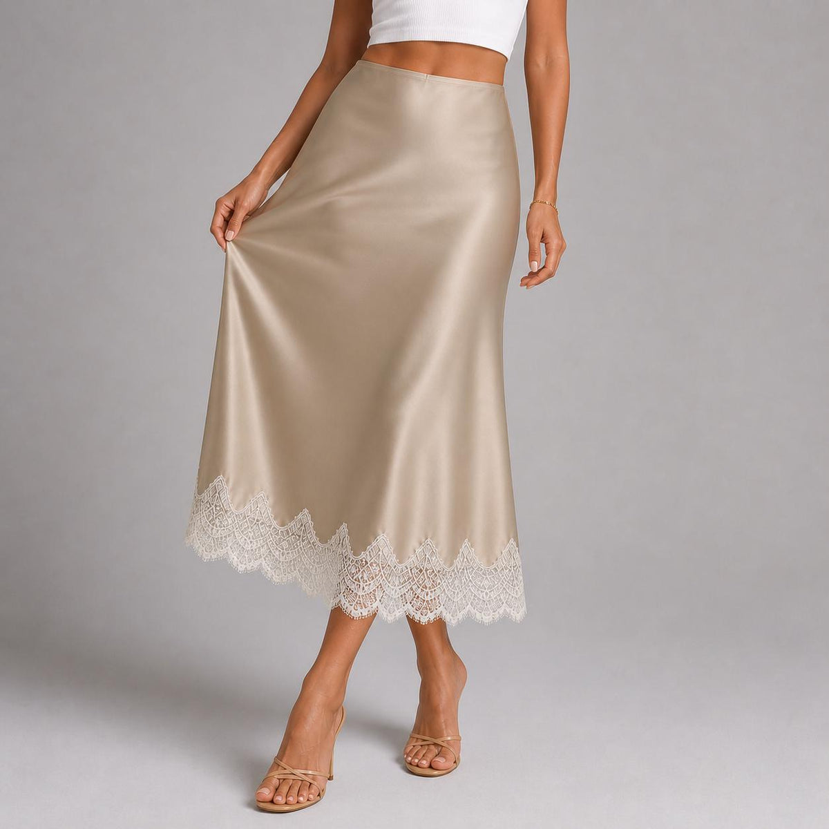 June Ivory Satin A-Line Midi Skirt — view 5