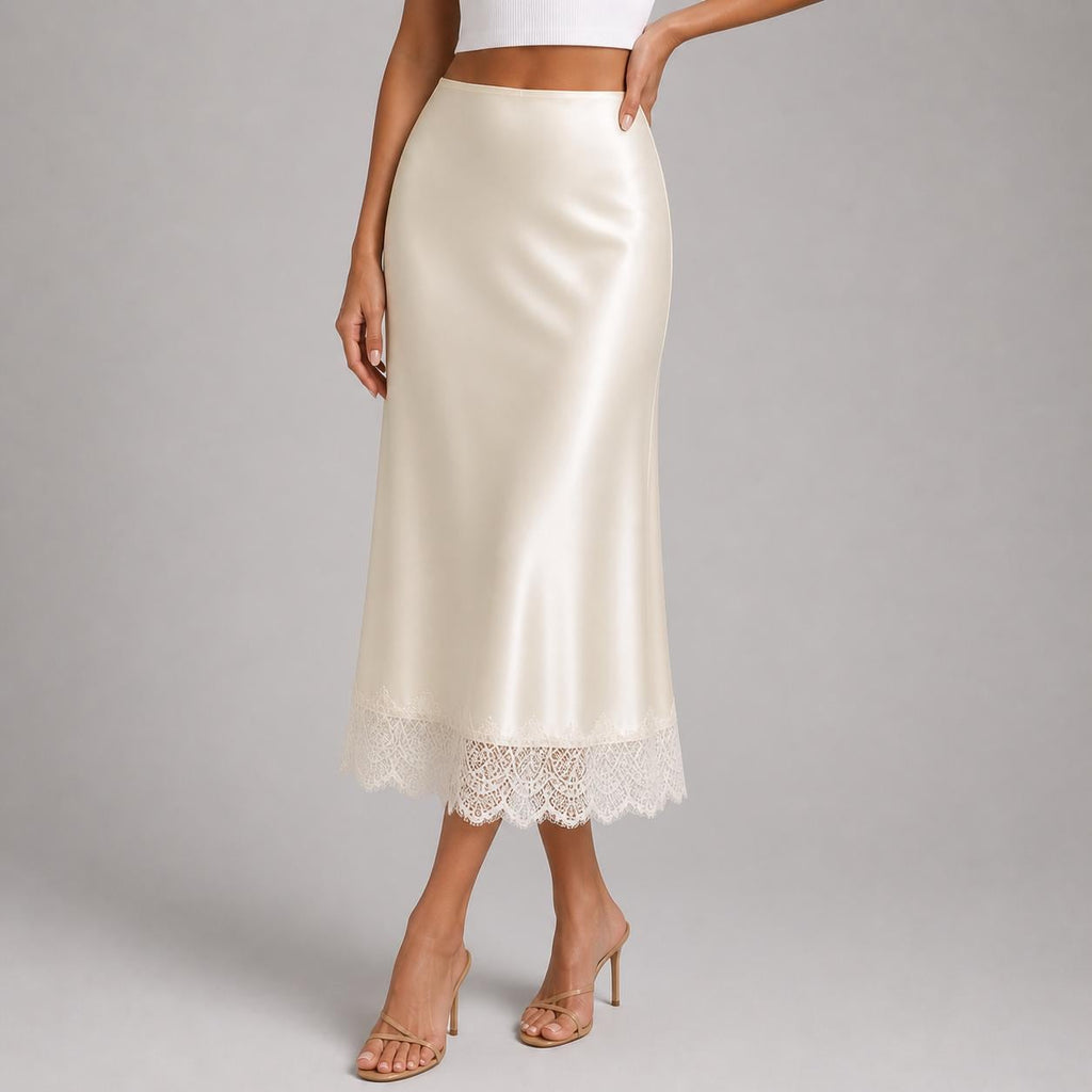 June Ivory Satin A-Line Midi Skirt — Paris Boutique
