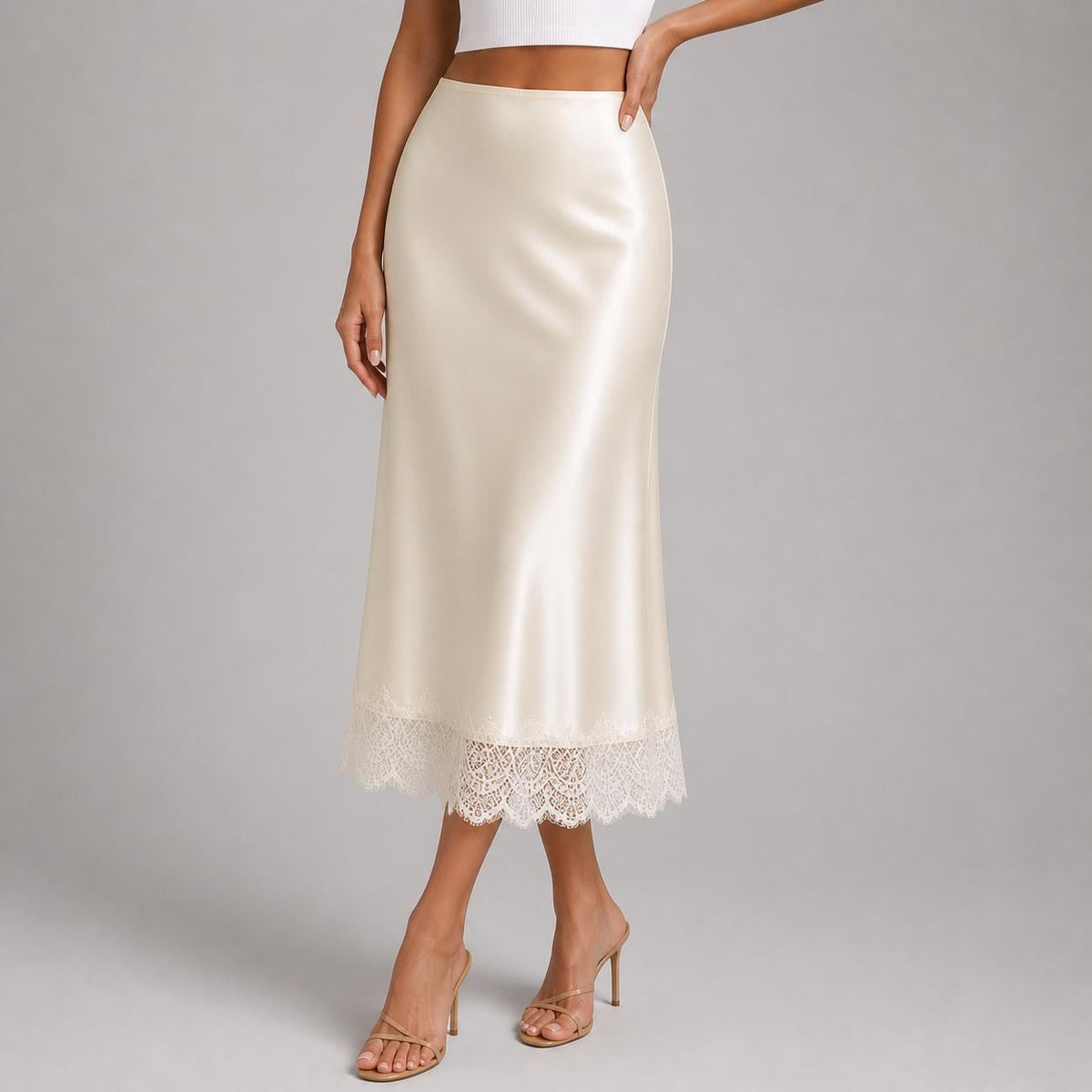 June Ivory Satin A-Line Midi Skirt — Paris Boutique