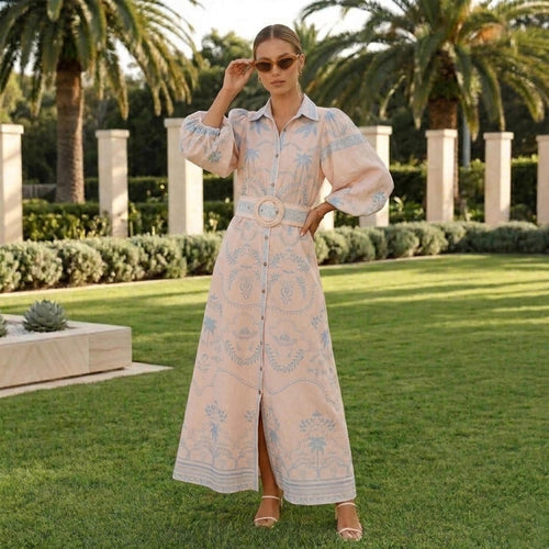 Blair Beige Linen Shirt Maxi Dress — Paris Boutique