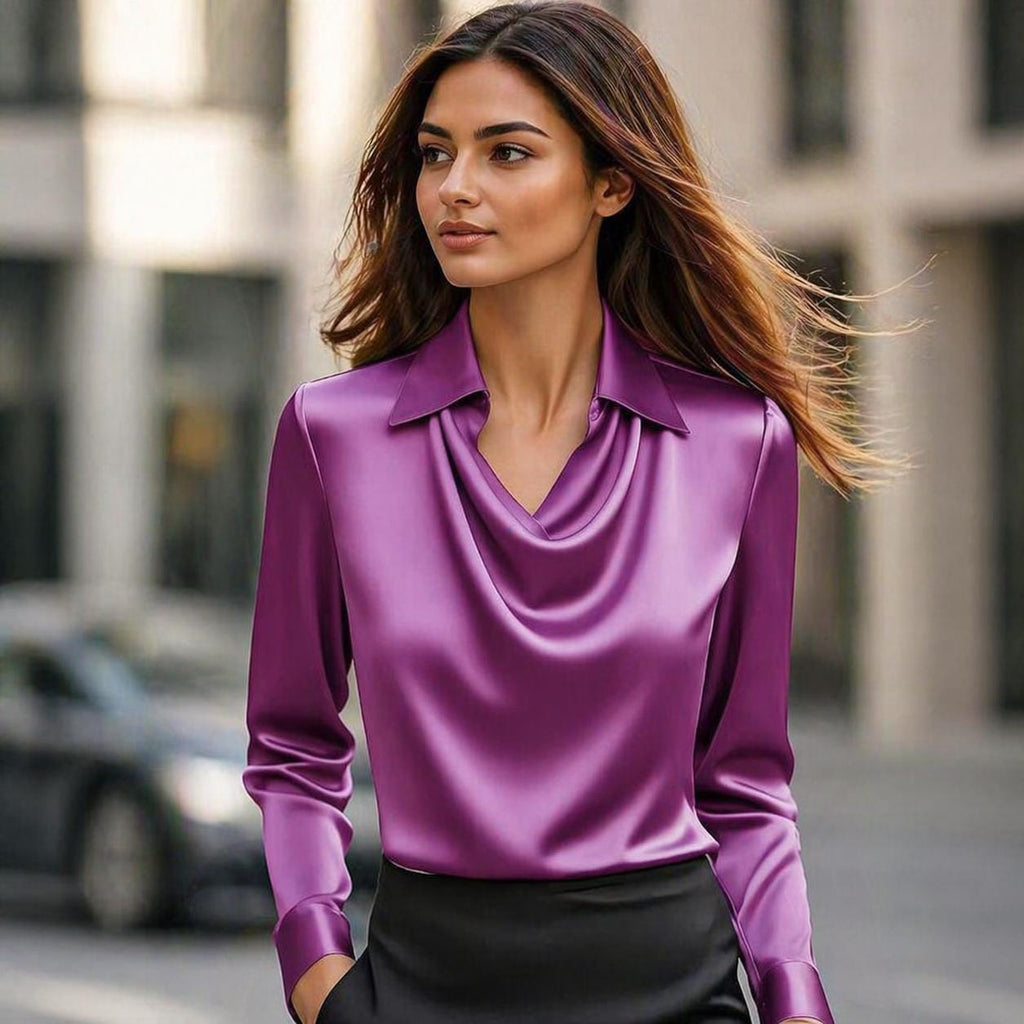 Ingrid Beige Satin Cowl Neck Blouse — view 3