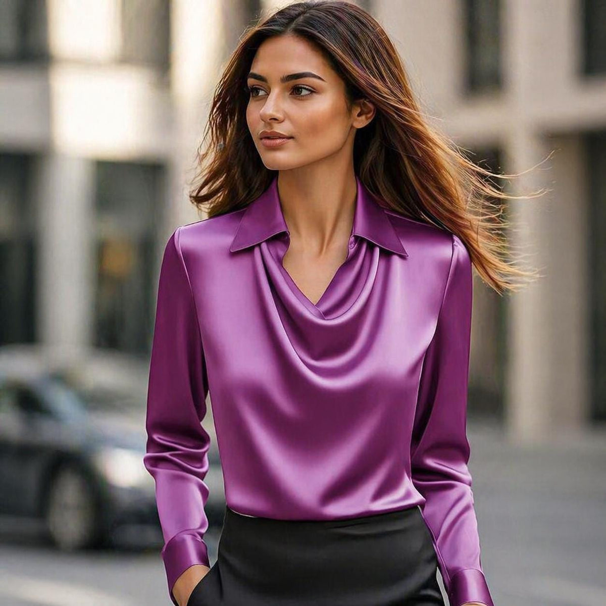 Ingrid Beige Satin Cowl Neck Blouse — view 3