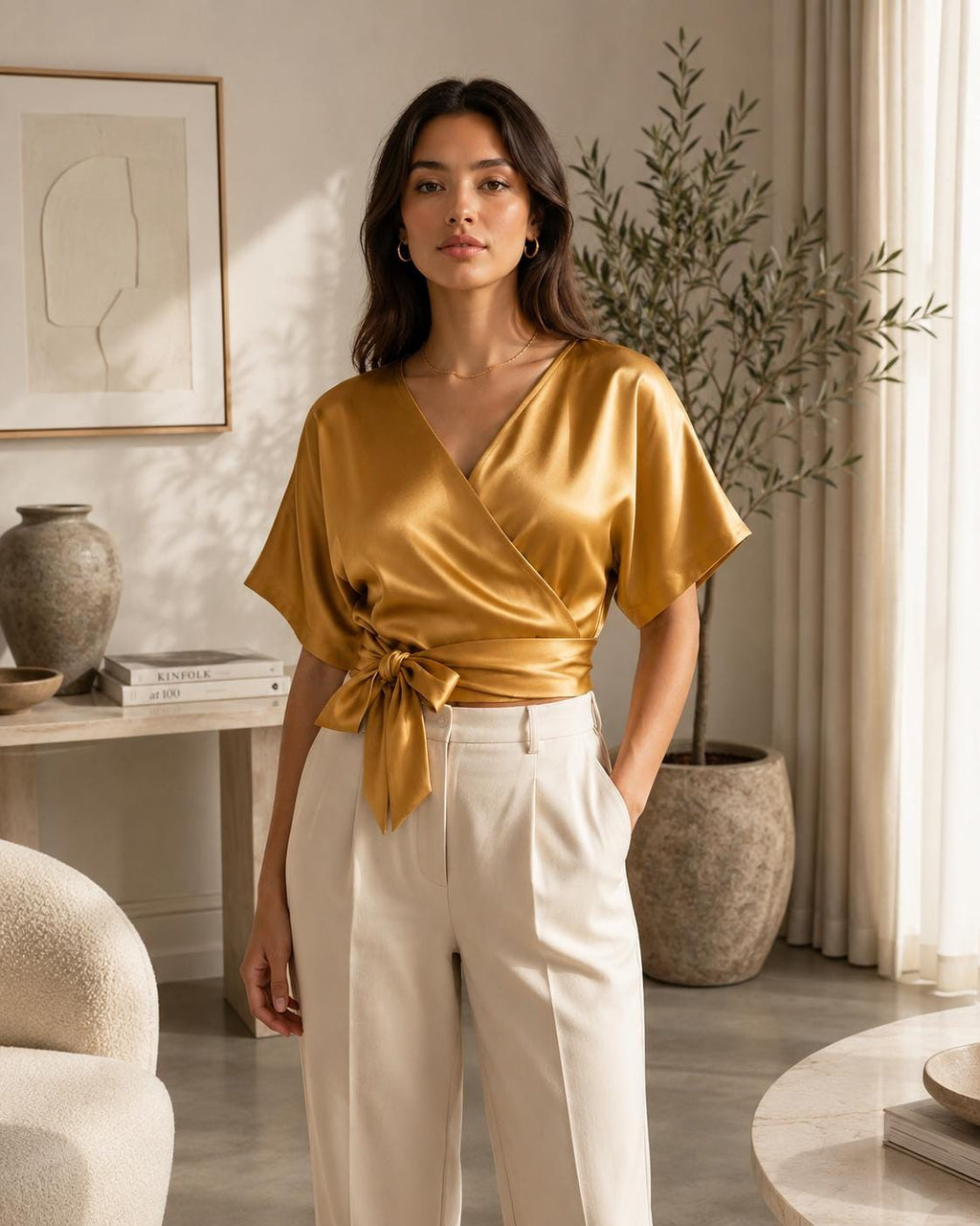 Valen Brown Satin Wrap Blouse — Paris Boutique