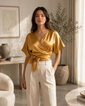 Valen Brown Satin Wrap Blouse — Paris Boutique