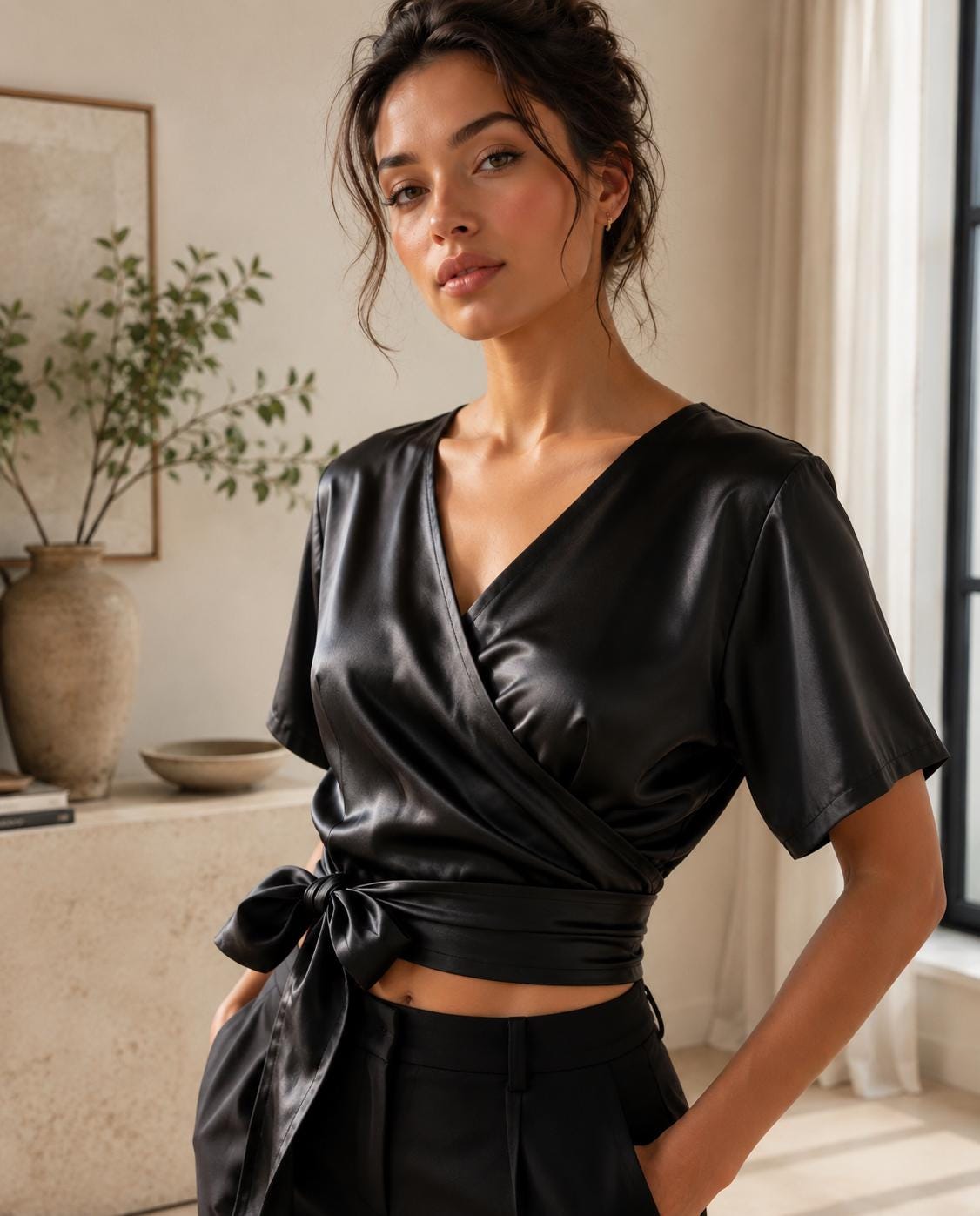 Valen Brown Satin Wrap Blouse — view 3