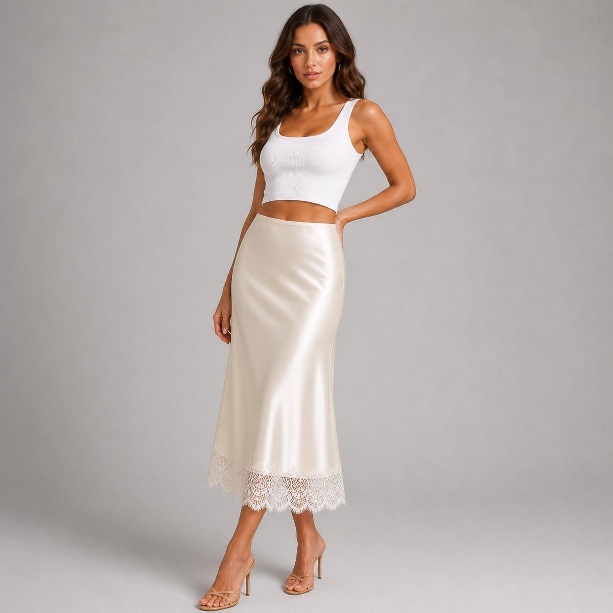June Ivory Satin A-Line Midi Skirt — view 4