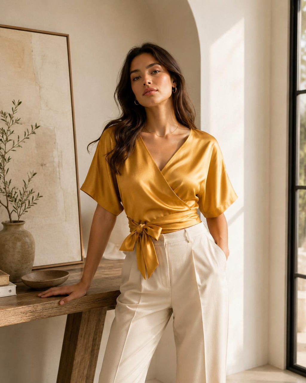 Valen Brown Satin Wrap Blouse — view 2