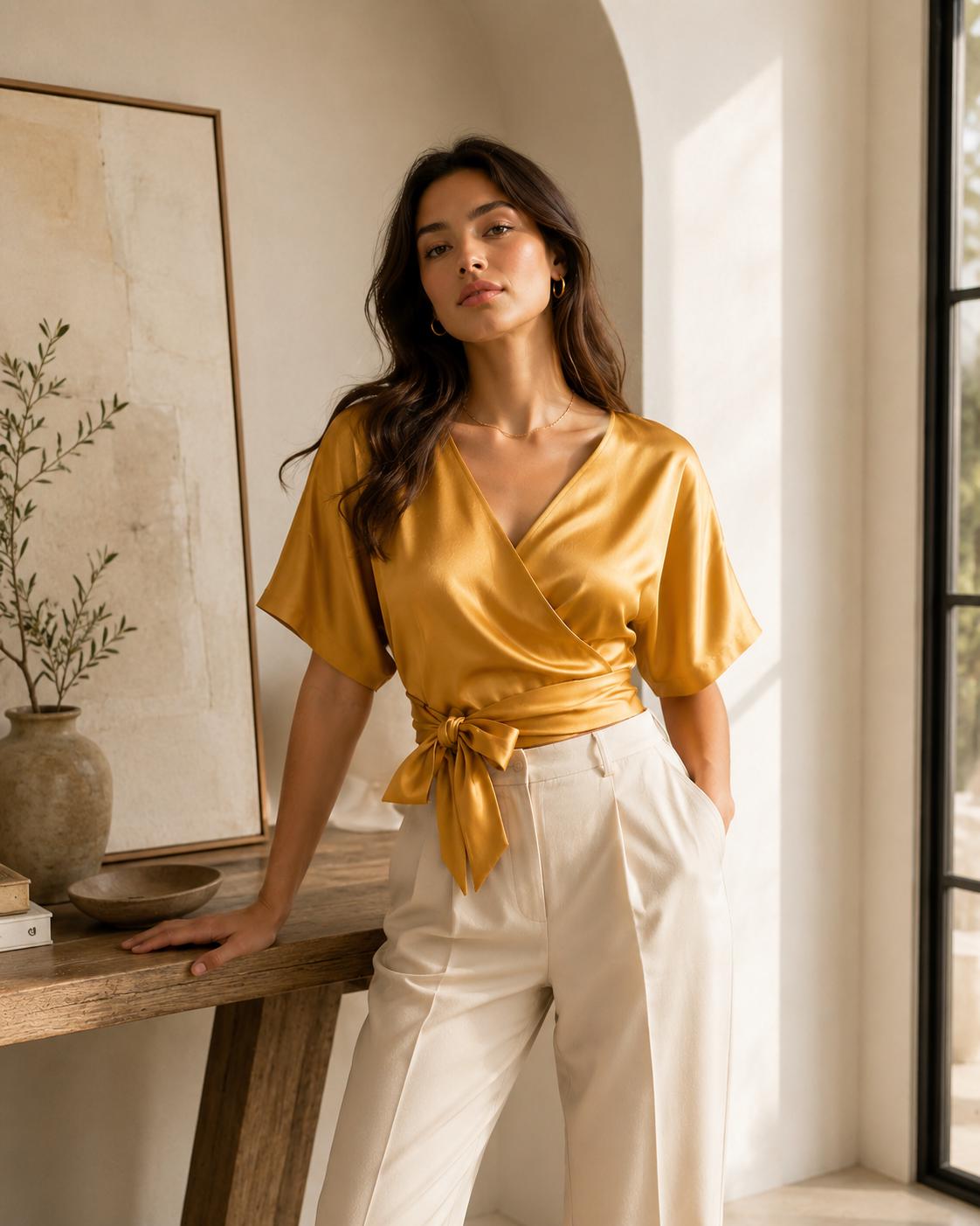 Valen Brown Satin Wrap Blouse — view 2