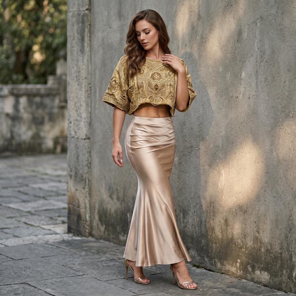 Kit Light Blue Satin Pleated Midi Skirt — view 4