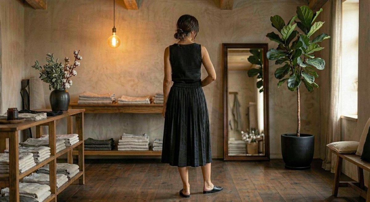 Sunny Black Linen Pleated Maxi Skirt — view 4