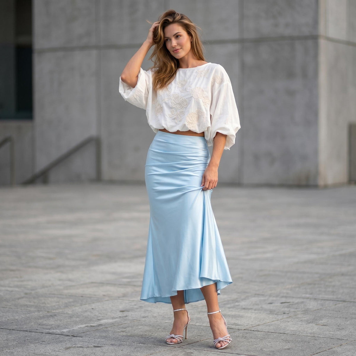 Kit Light Blue Satin Pleated Midi Skirt — view 3