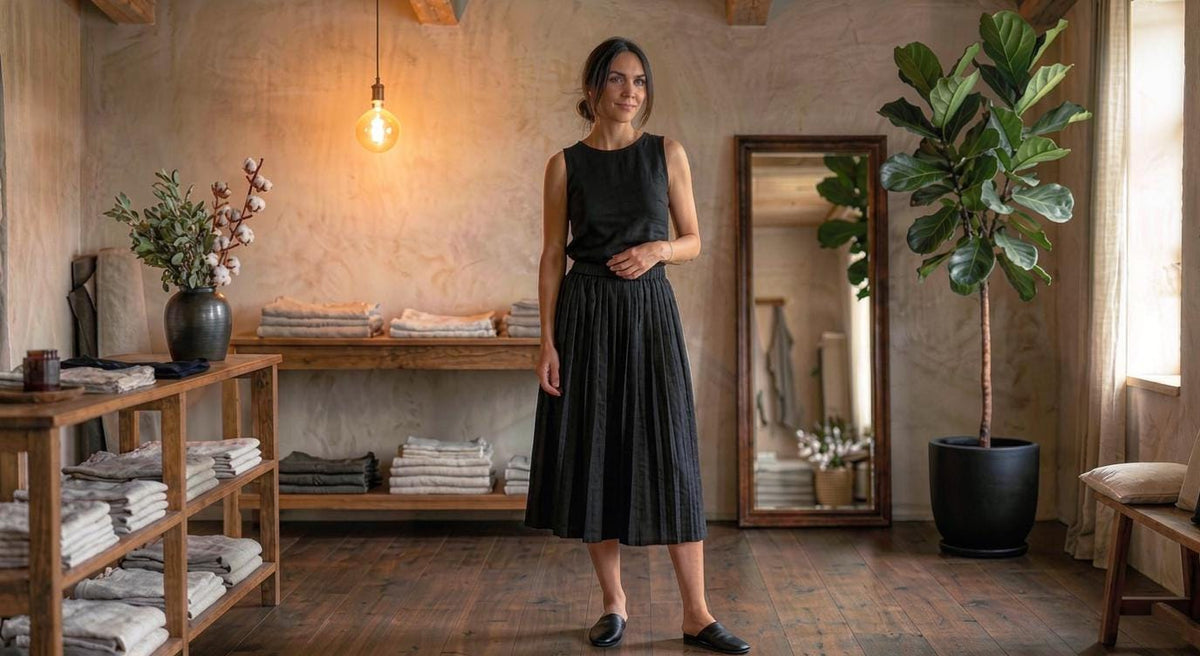 Sunny Black Linen Pleated Maxi Skirt — view 3