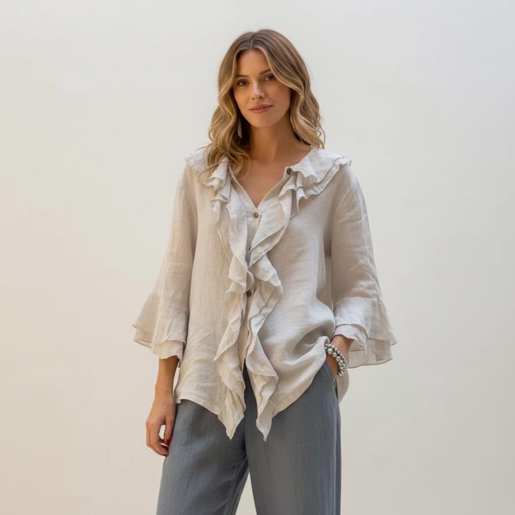 Daisy Beige Linen Ruffle Blouse — view 4