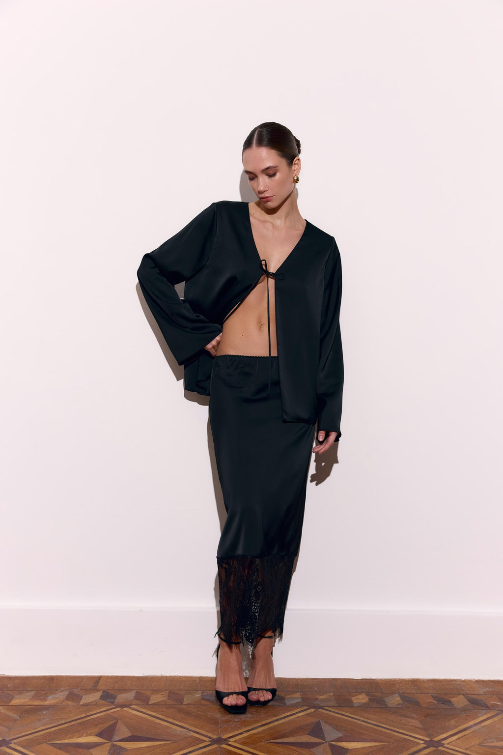 Romy White Satin Midi Skirt — view 4