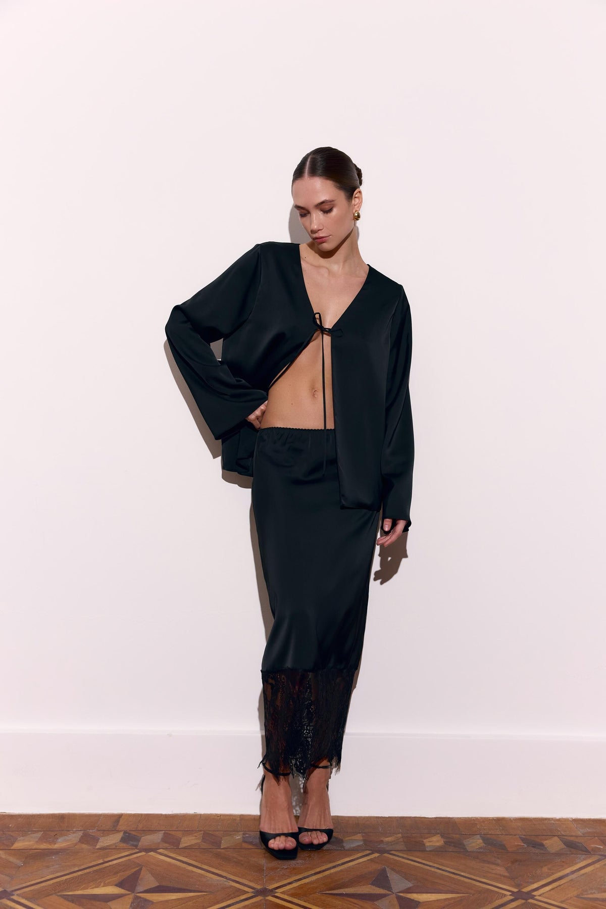 Romy White Satin Midi Skirt — view 4