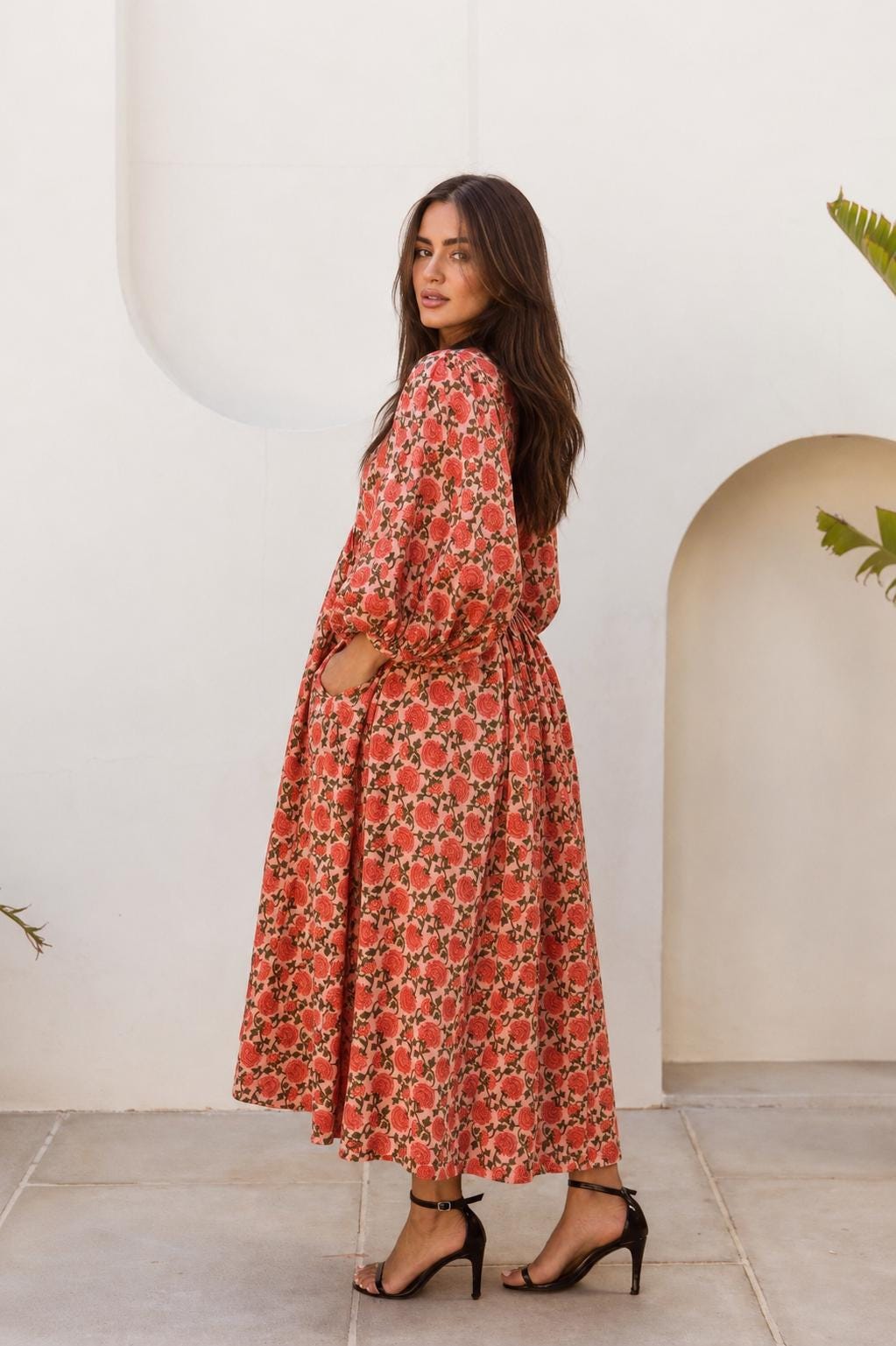 Olive Floral Cotton Midi Dress — view 4